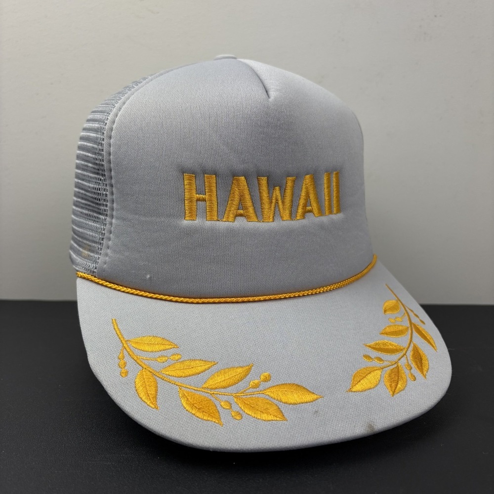 Vintage 90s Hawaii Trucker Hat Gray Gold Laurel Leaf Rope Mesh Snapback Cap